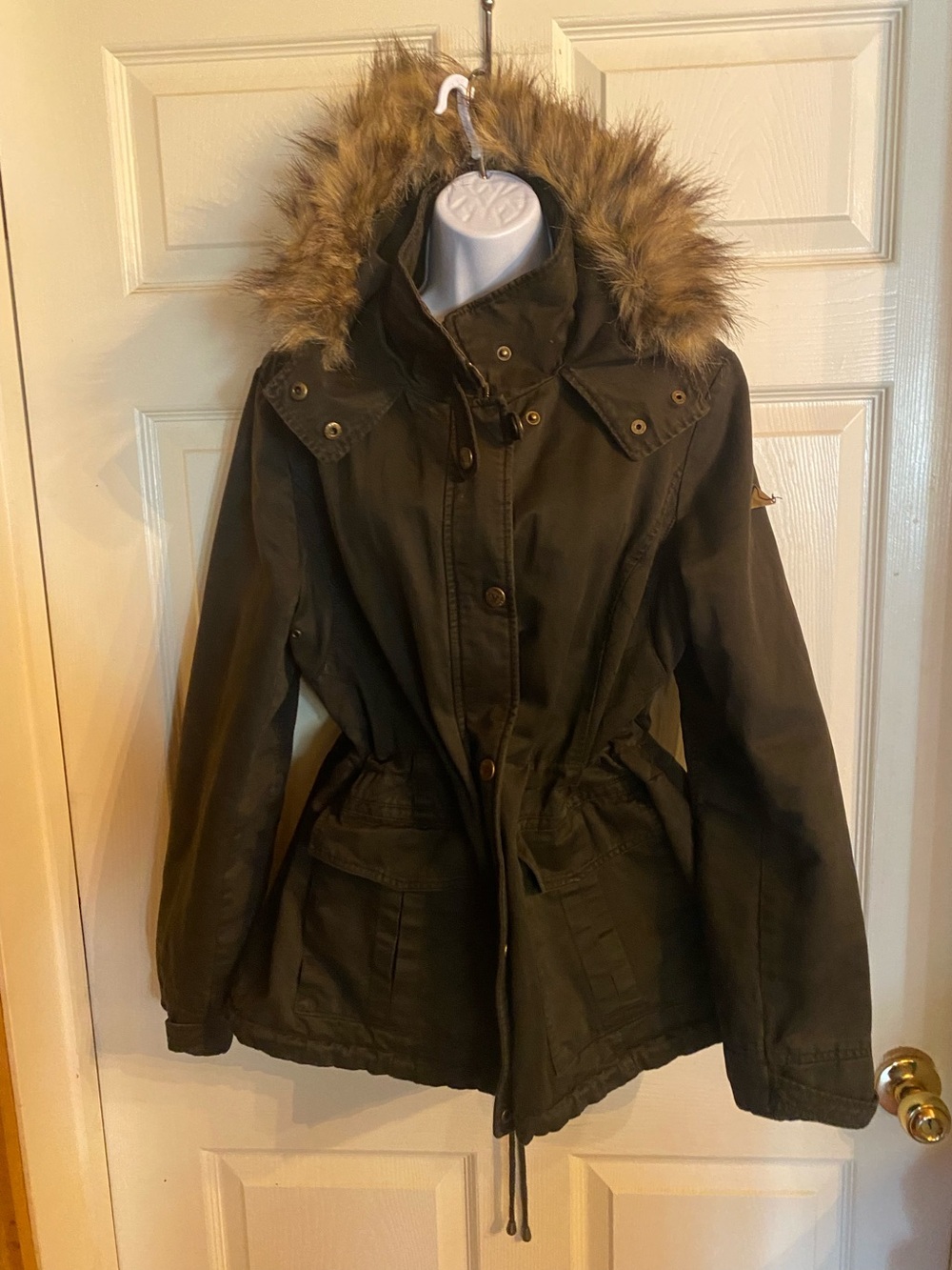 Guess Olive Green Utility Anorak Jacket with Faux Fur Hood